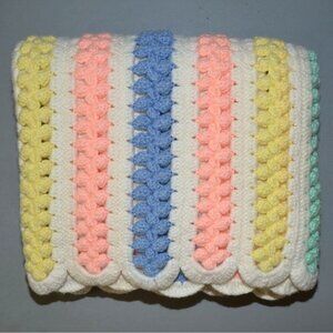 Pastel Stripes Scalloped Edge Hand Knit Crochet Afghan Throw Baby Blanket 46"